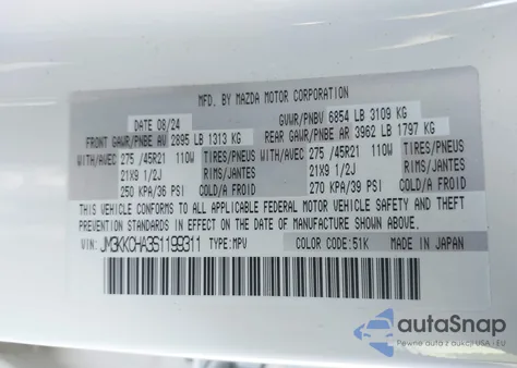 2025 Mazda Cx-90 Phev Premium Sport из США, поврежденный, VIN JM3KKCHA3S1199311